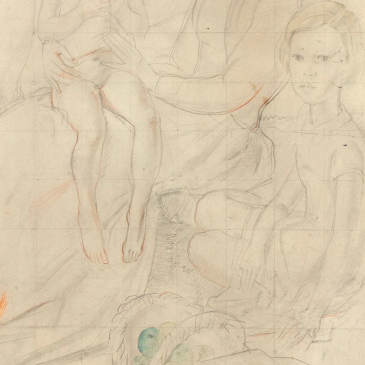 Bernard Fleetwood-Walker RA RWS (1893-1965)  
Étude pour M. et Mme R. H. Butler et leurs filles, c. 1932
Graphite, graphite coloré et lavis sur papier, monté sur carton
64,5 x 74,5 cm ; (dans le cadre) 87,4 x 91,8 cm.

Provenance :
Le Studio de