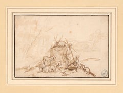 Les chasseurs au repos dans un paysage avec des chiens et un cerf