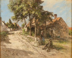 L'entrée d'un village animé de paysans en Artois