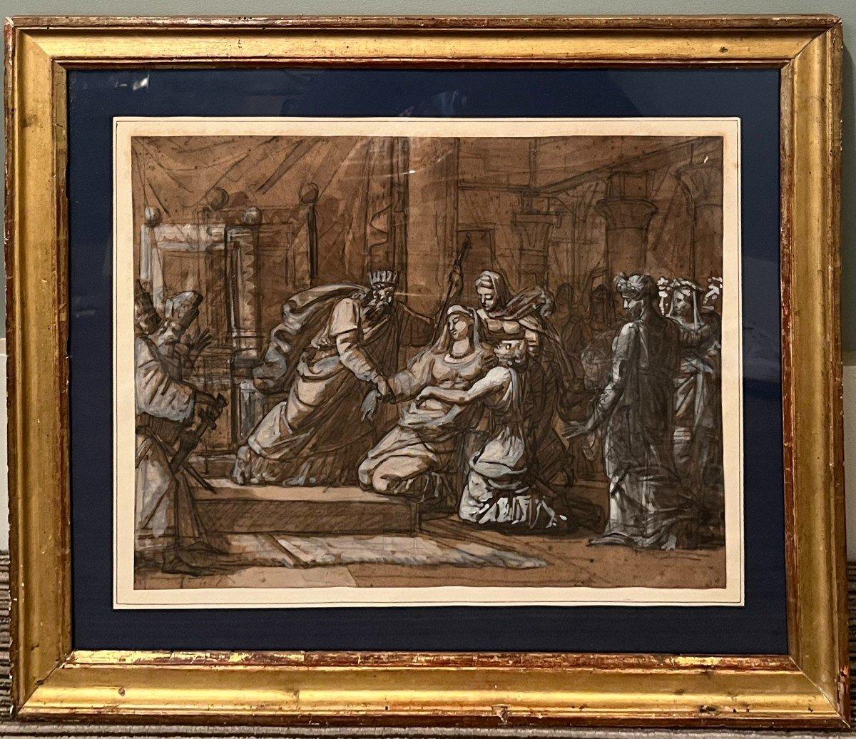 Neoclassical French school of the 19th century 

Esther's fainting in front of Ahasuerus 

Brown ink over black pencil lines with highlight in white gouache 

31.5 x 42.3 cm (48.6 x 59.2 cm with frame) Small hole at top right