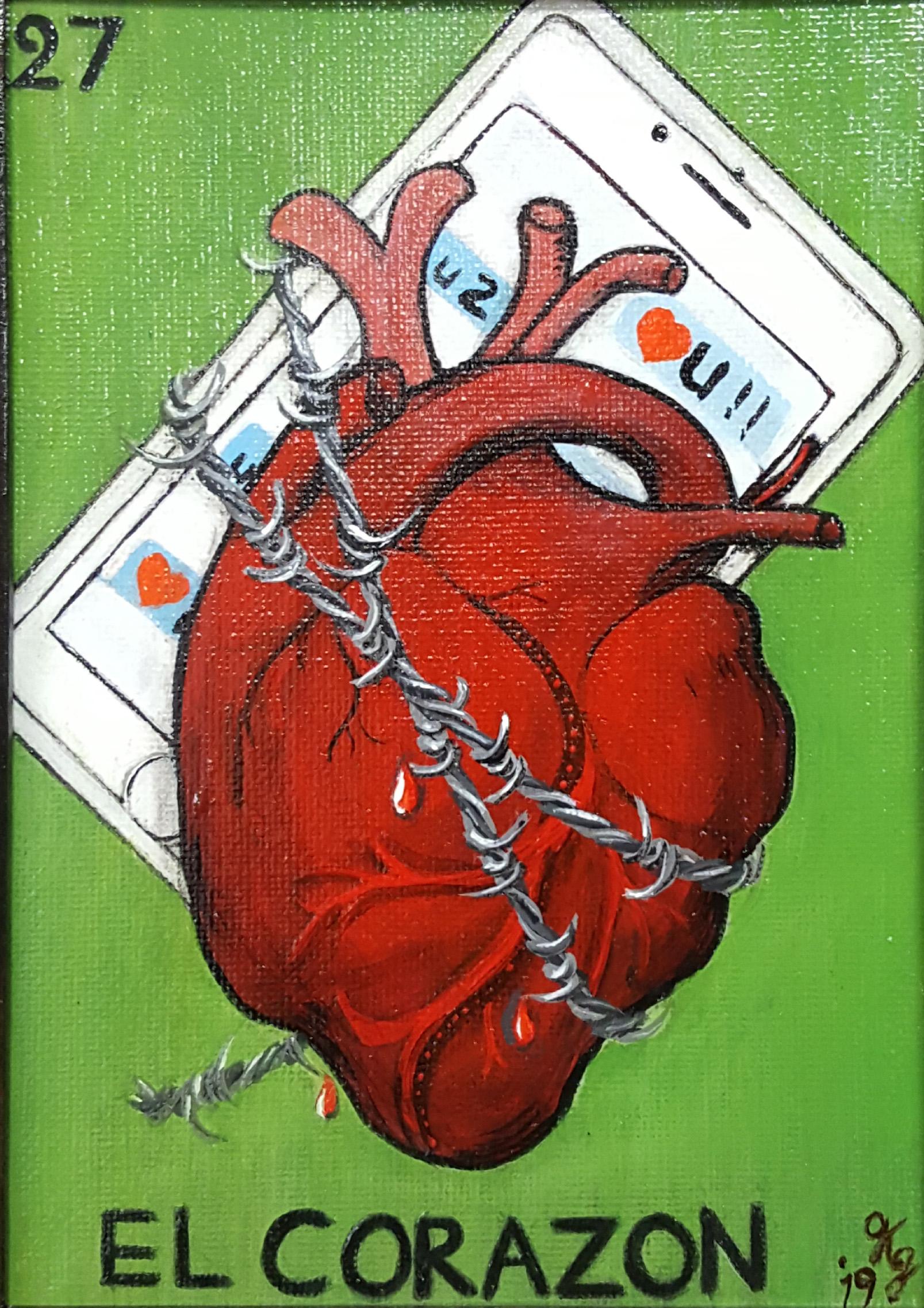 El Corazon The Heart
chained to a cellphone
Comes Framed 
the painting is 7x5

About the Artist: Georgia Griffin is a self-taught artist working primarily in acrylic and oil. She also enjoys exploring clay, resin and assemblage works, writing and