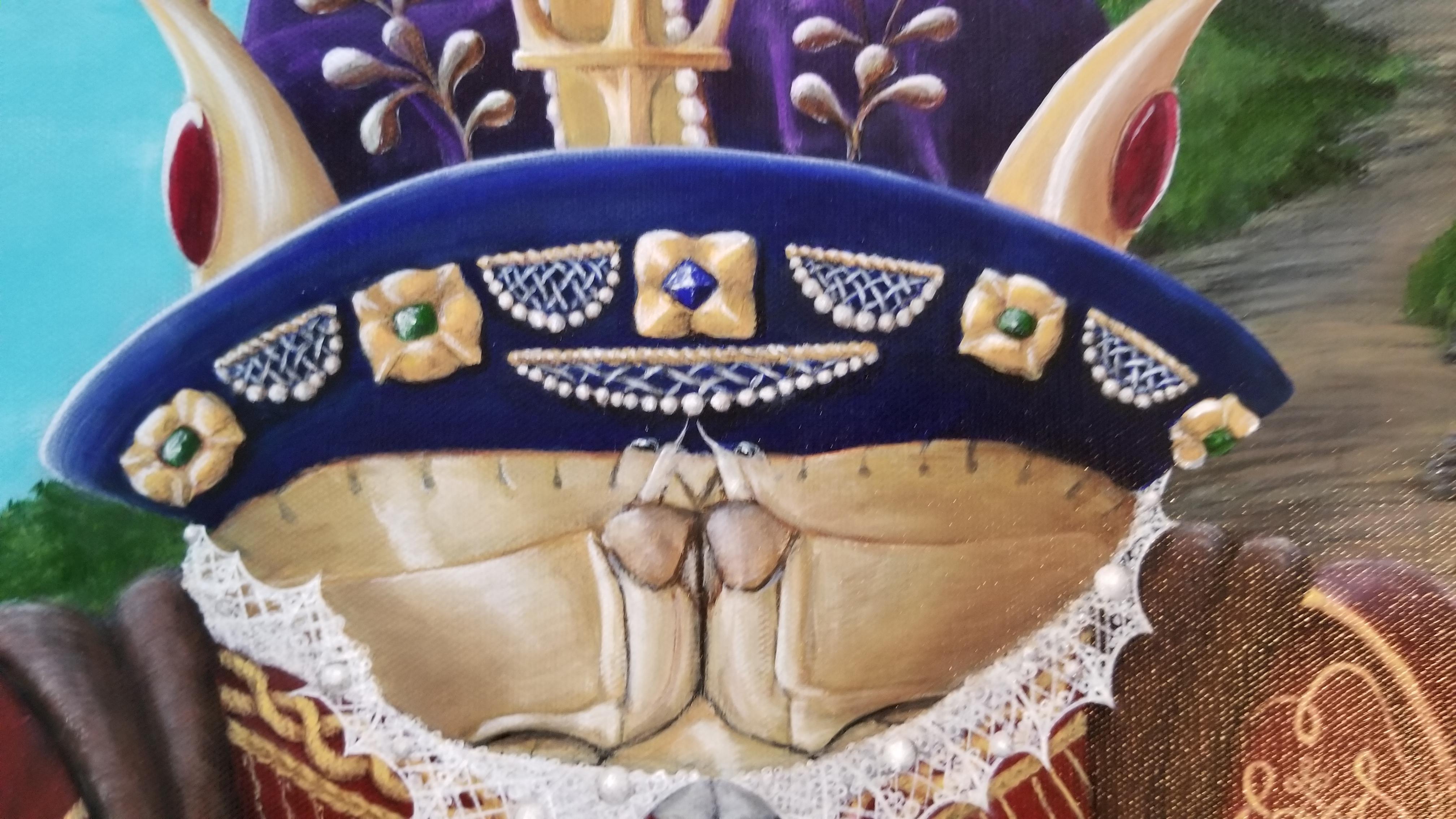 King Henry Vlll painted as a crab.
Close attention to detail.
Surreal Dark Humor
COMES ON STRETCHED CANVAS, UNFRAMED.

About the Series: “Sovereigns of the Sea.”  The series grew out of an amusing little sketch she did of a fish in a gown.  Very