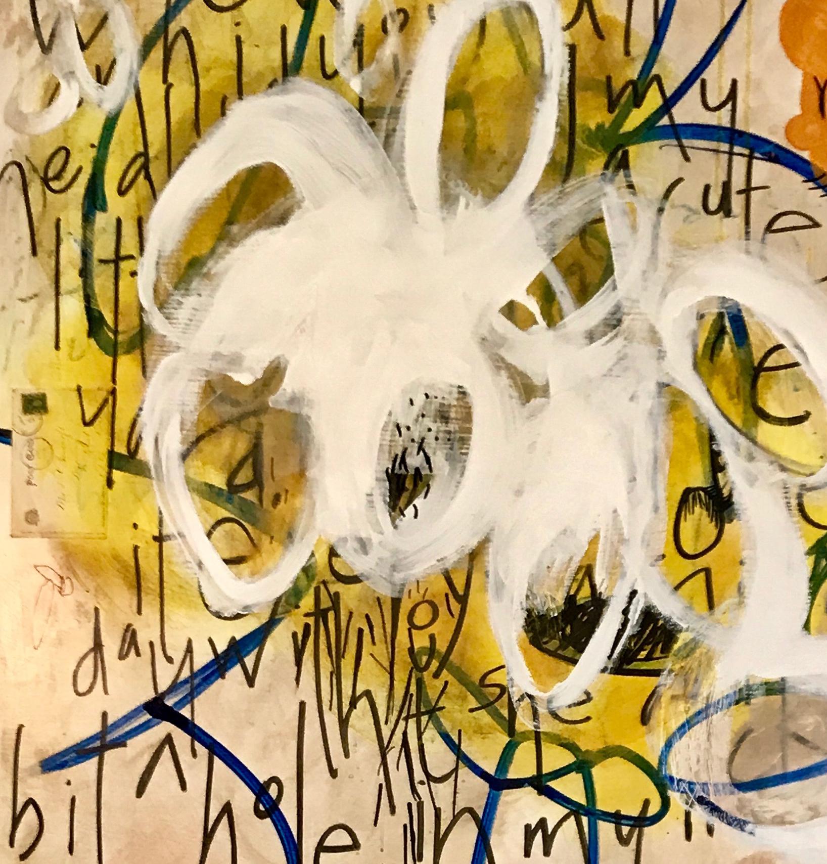 Large abstract mixed media/painting with text on top of birch panel.

I wanted to do a light, friendly piece….with yellow flowers, bunnies, Easter eggs, etc.
This piece is about how sometimes things that look pure and innocent are not what