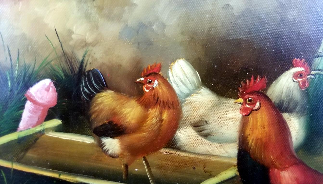 Four Cocks (Roosters) - Baroque Painting by Karyn Mannix