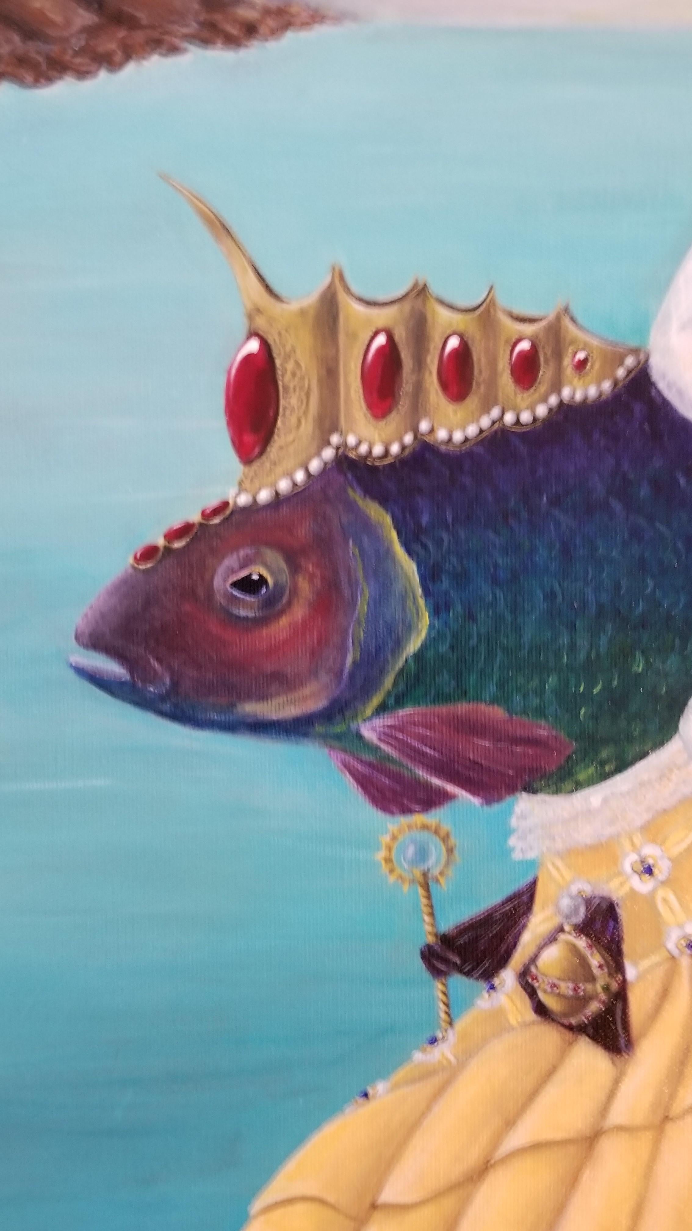 Close attention to detail.
Surreal Dark Humor
COMES ON STRETCHED CANVAS, FRAMED.

About the Series: “Sovereigns of the Sea.” The series grew out of an amusing little sketch she did of a fish in a gown. Very soon she was researching official