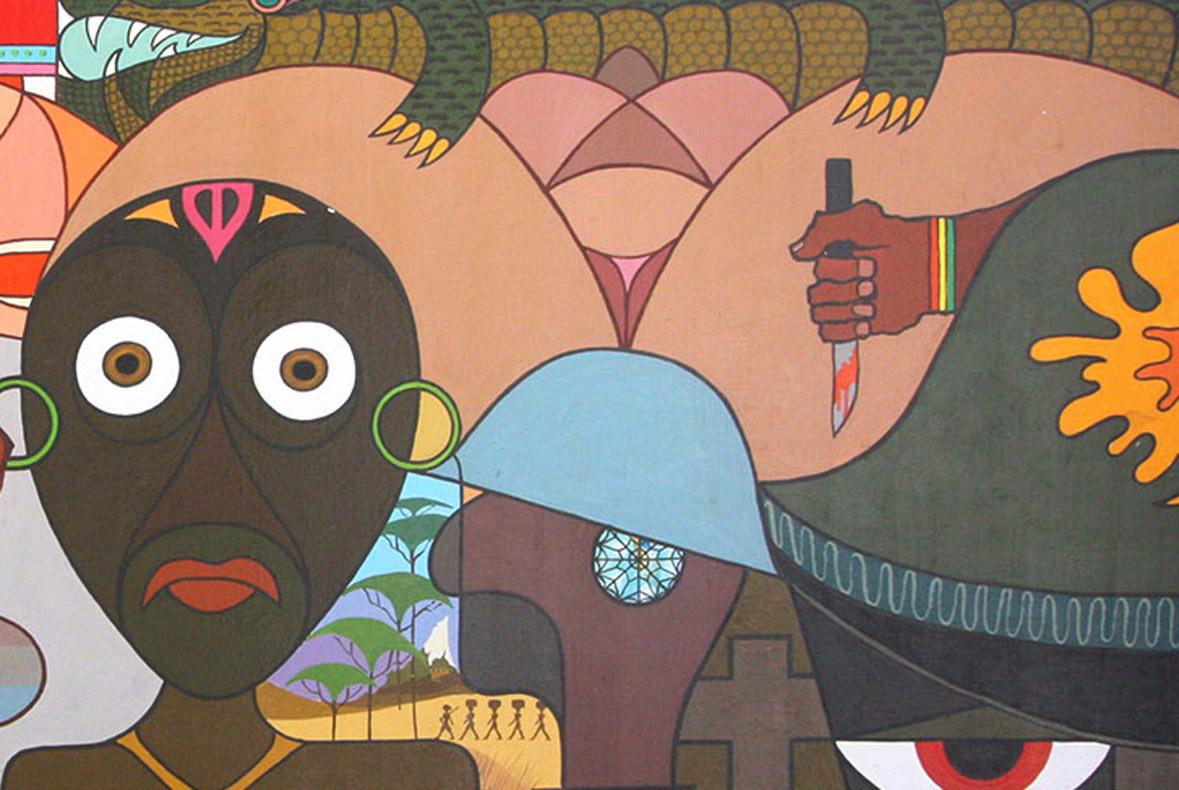 Ein erzählerisches Werk über Afrika 
Kubismus Stil
Post Modern


Über den Künstler:
Kenneth B. Walsh (1922-1980) 
In den 1950er Jahren kam Kenneth Bonar Walsh aus New York City nach Montauk, um Meereslandschaften zu malen, Fische zu fangen, die