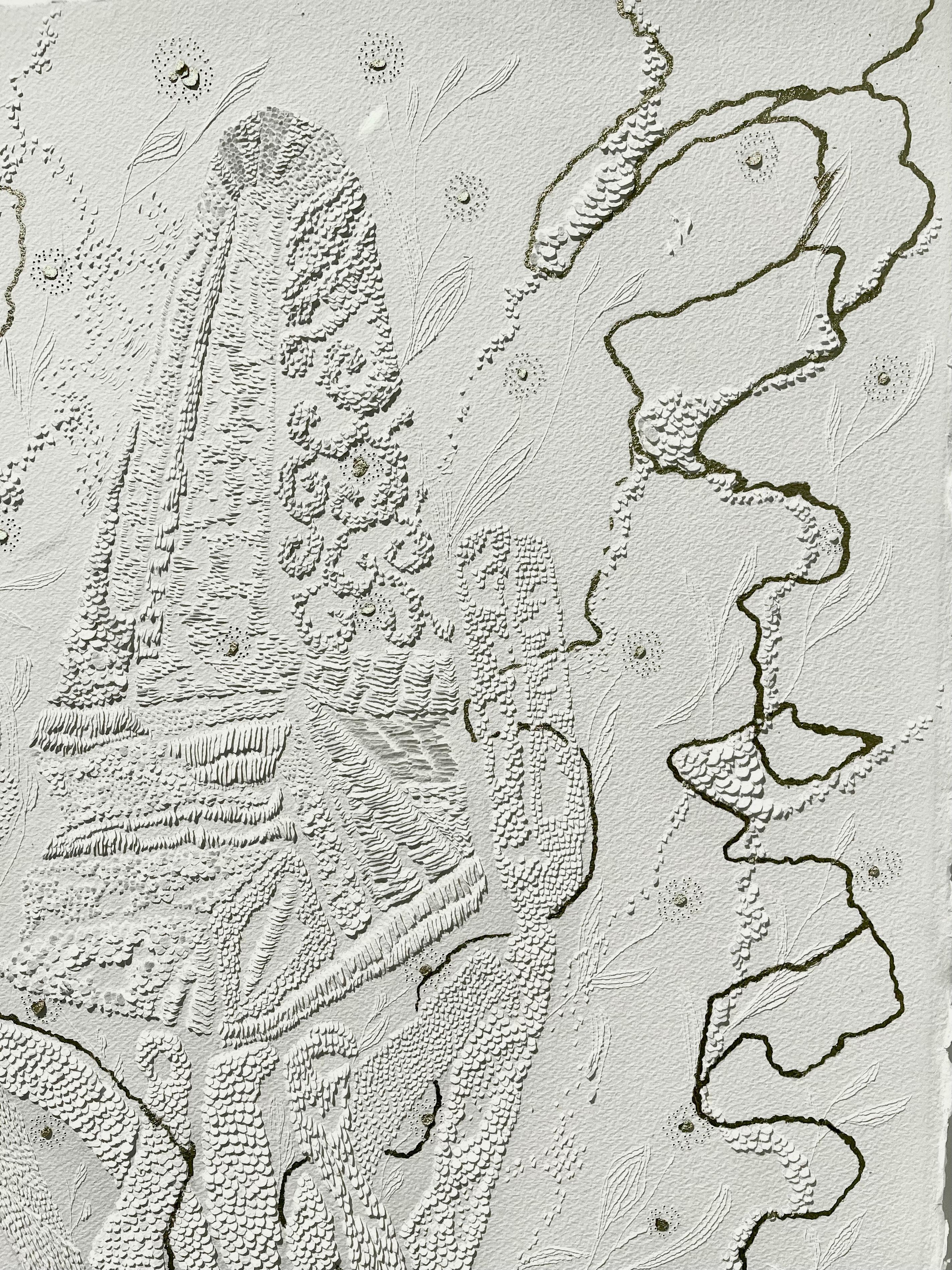 Papier sculpté à la feuille d'or- Pièce unique signée par l'artiste-
Encadrement en bois avec verre de musée 


L'inspiration artistique de Séverine de La Chapelle est à l'image de son tempérament : joyeuse, spontanée et pleine d'énergie positive. À