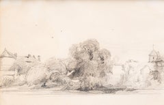 Charming drawing trees with buildings with a church beyond, Eugene Boudin