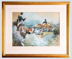 Full Cry at the Water Jump Dynamic Hunting Scene Watercolor by Gilbert Holiday