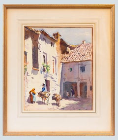 Spanische Schule – Sonnendurchflutete Dorfstraße mit Eseln, Aquarell aus dem frühen 20. Jahrhundert