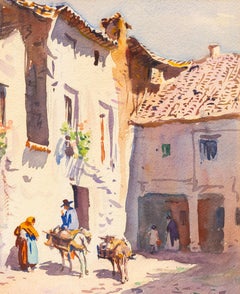 Spanische Schule – Sonnendurchflutete Dorfstraße mit Eseln, Aquarell aus dem frühen 20. Jahrhundert