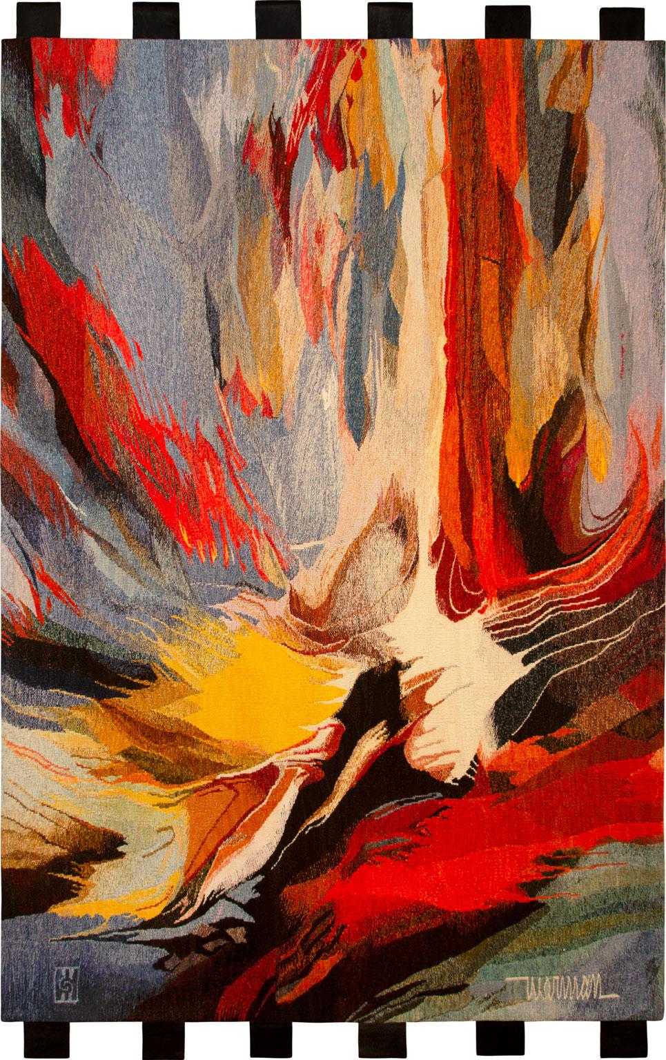 LEONARDO NIERMAN – UNTITLED TAPESTRY
⚜ Wool tapestry ⚜ Signed in the weaving lower right ⚜ Weaver: Gobelinos Riedl ⚜ Features original hanging loops

ABSTRACT EXPRESSIONIST TAPESTRY BY LEONARDO NIERMAN
This monumental wool tapestry by Leonardo