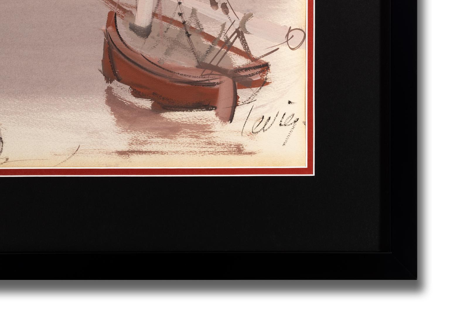 Charles Levier [Les Voiles au Repos] c. 1970 Hand Signed Watercolor Harbor Scene For Sale 5