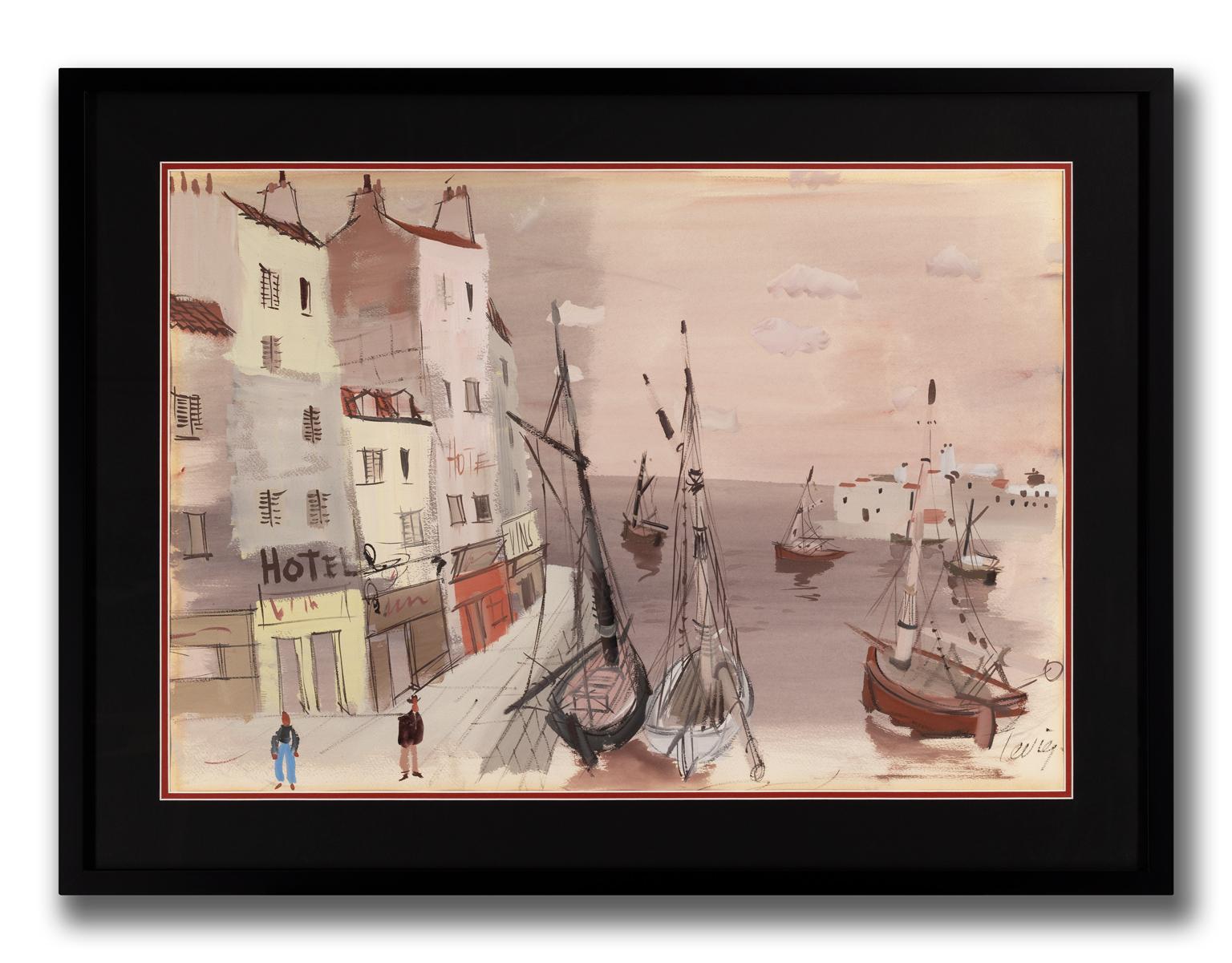 Charles Levier [Les Voiles au Repos] c. 1970 Hand Signed Watercolor Harbor Scene For Sale 1