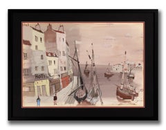 Charles Levier [Les Voiles au Repos] c. 1970 Aquarelle signée à la main Scène de port