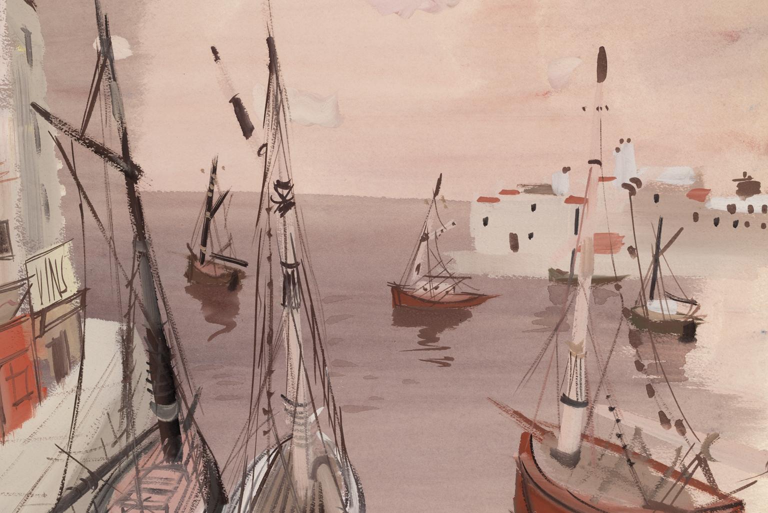Charles Levier [Les Voiles au Repos] c. 1970 Hand Signed Watercolor Harbor Scene For Sale 4