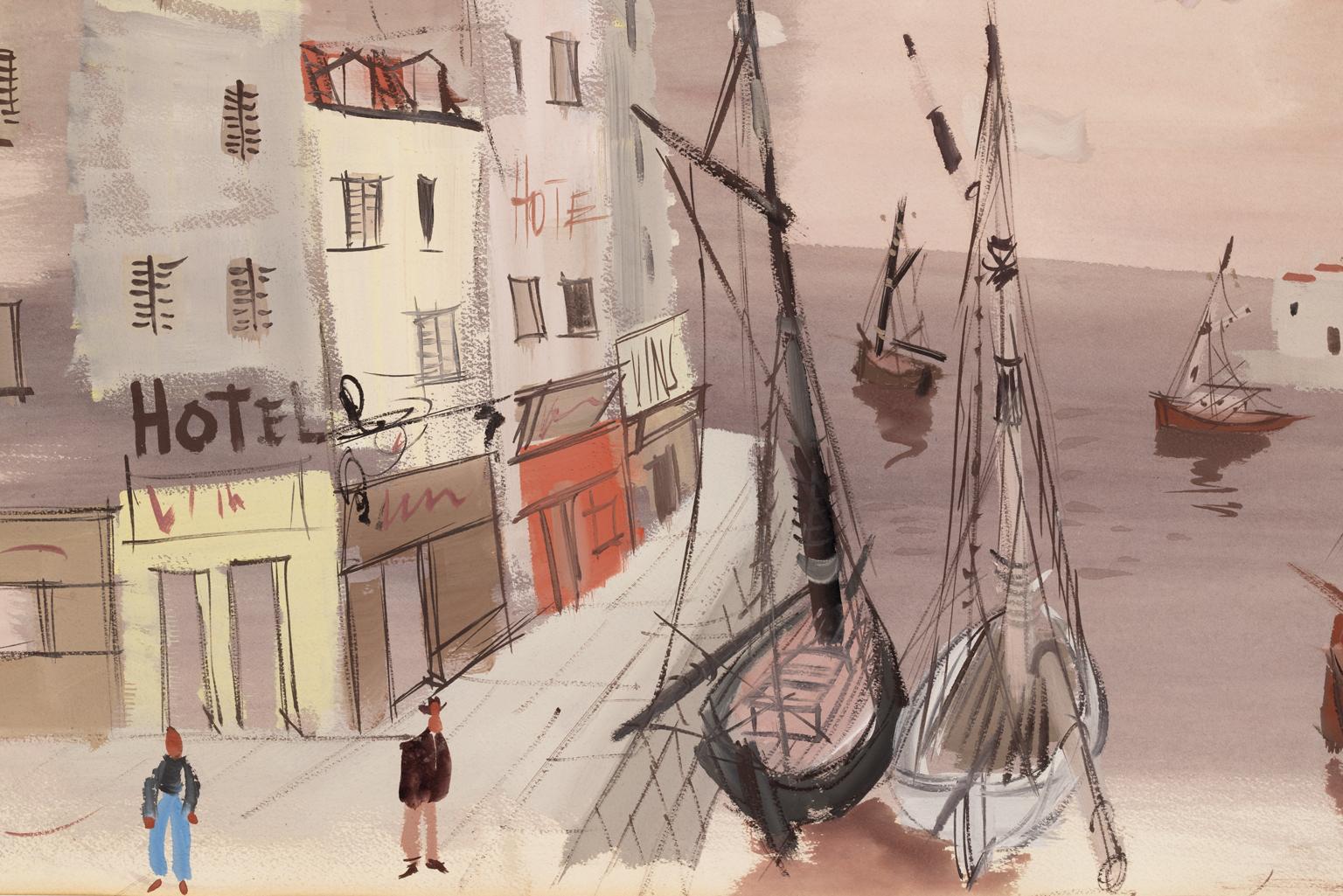 Charles Levier [Les Voiles au Repos] c. 1970 Hand Signed Watercolor Harbor Scene For Sale 3