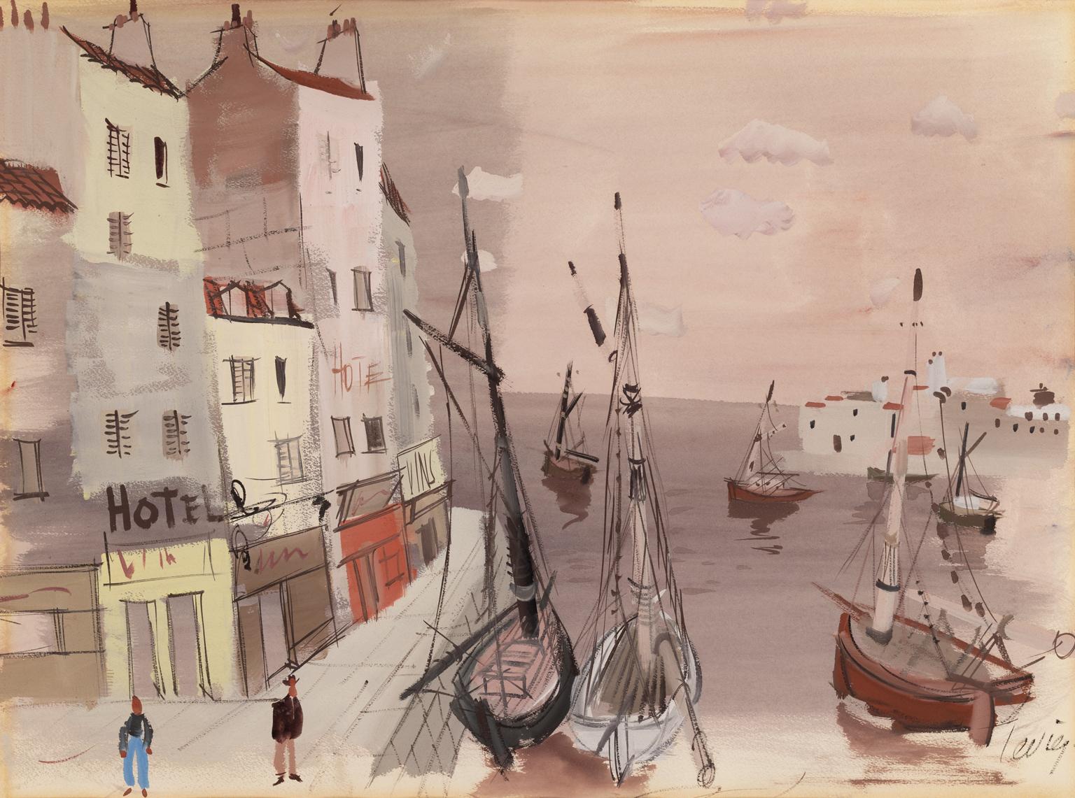Charles Levier [Les Voiles au Repos] c. 1970 Hand Signed Watercolor Harbor Scene For Sale 2