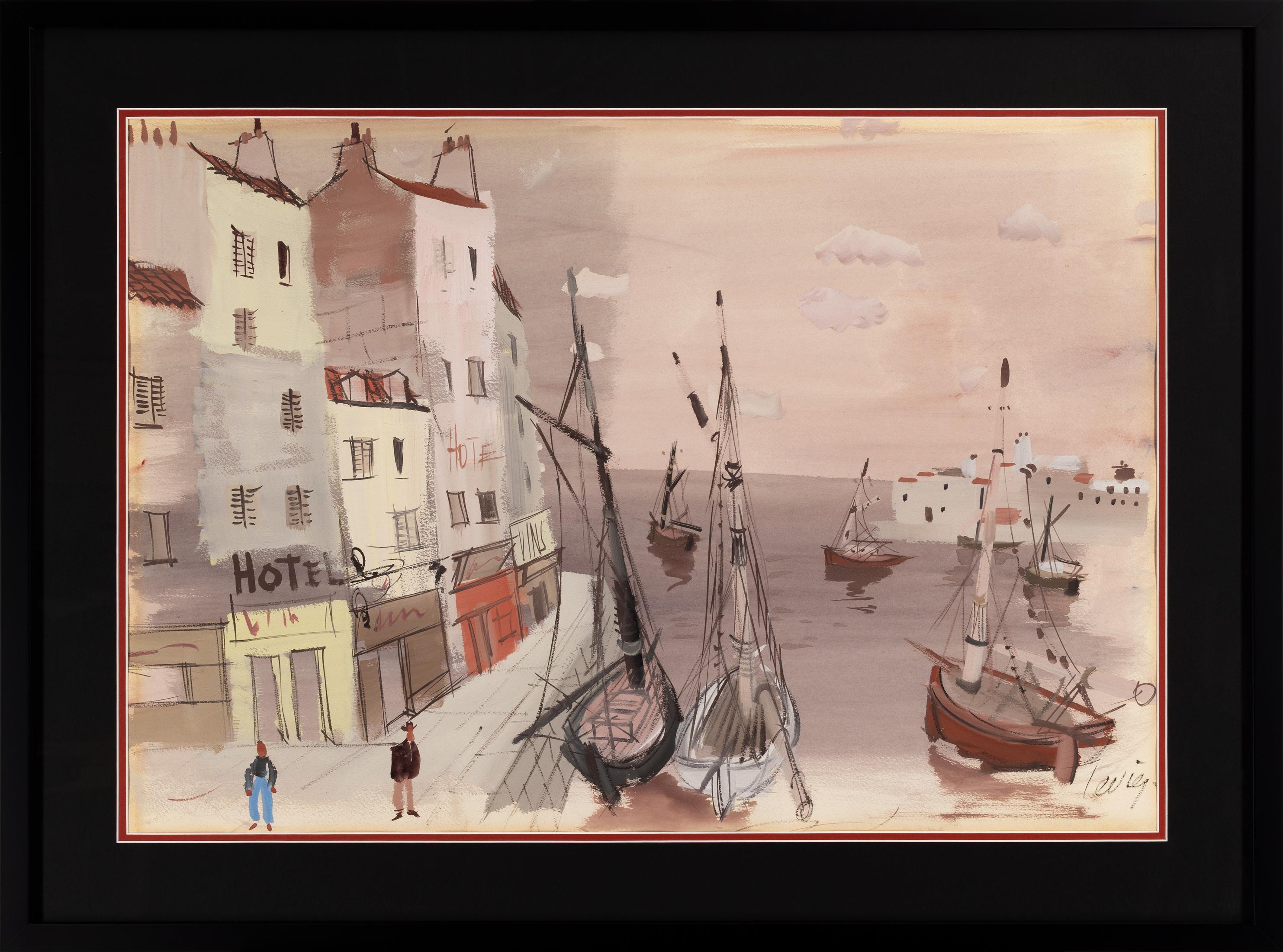 Charles Levier [Les Voiles au Repos] c. 1970 Acquerello firmato a mano Scena di porto
