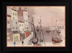 Charles Levier [Les Voiles au Repos] c. 1970 Aquarelle signée à la main Scène de port
