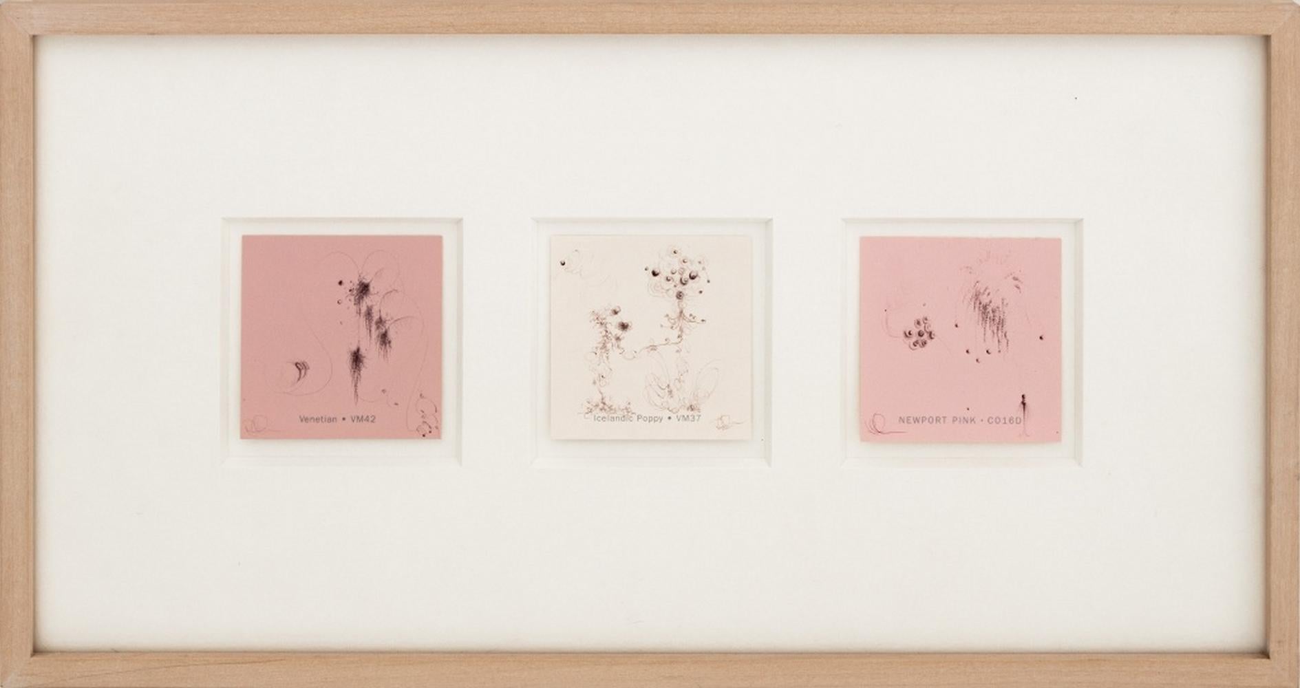 Paul Henry Ramirez (American, b. 1963), Three Paint Chip Drawings, Ballpoint Pen on Paper, 2008, signed and dated to the verso, framed together in white wood frame. Overall image: 7.5" H x 15" W; frame: 8.25" H x 16" W x 1" D. Provenance: From a