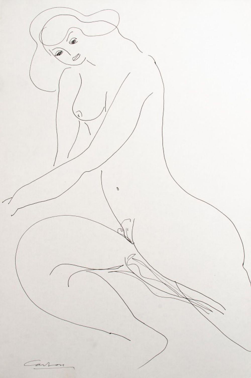 Norman Carton (ucraniano-estadounidense, 1908-1980), Seis composiciones de mujeres desnudas, tinta sobre papel, cada una firmada, sin enmarcar. El más grande: 12
