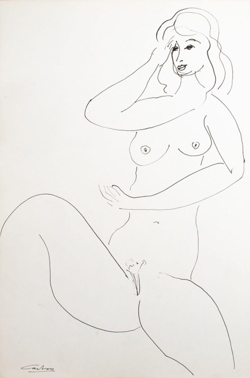 Norman Carton (ucraniano-estadounidense, 1908-1980), Seis composiciones de mujeres desnudas, tinta sobre papel, cada una firmada, sin enmarcar. El más grande: 12