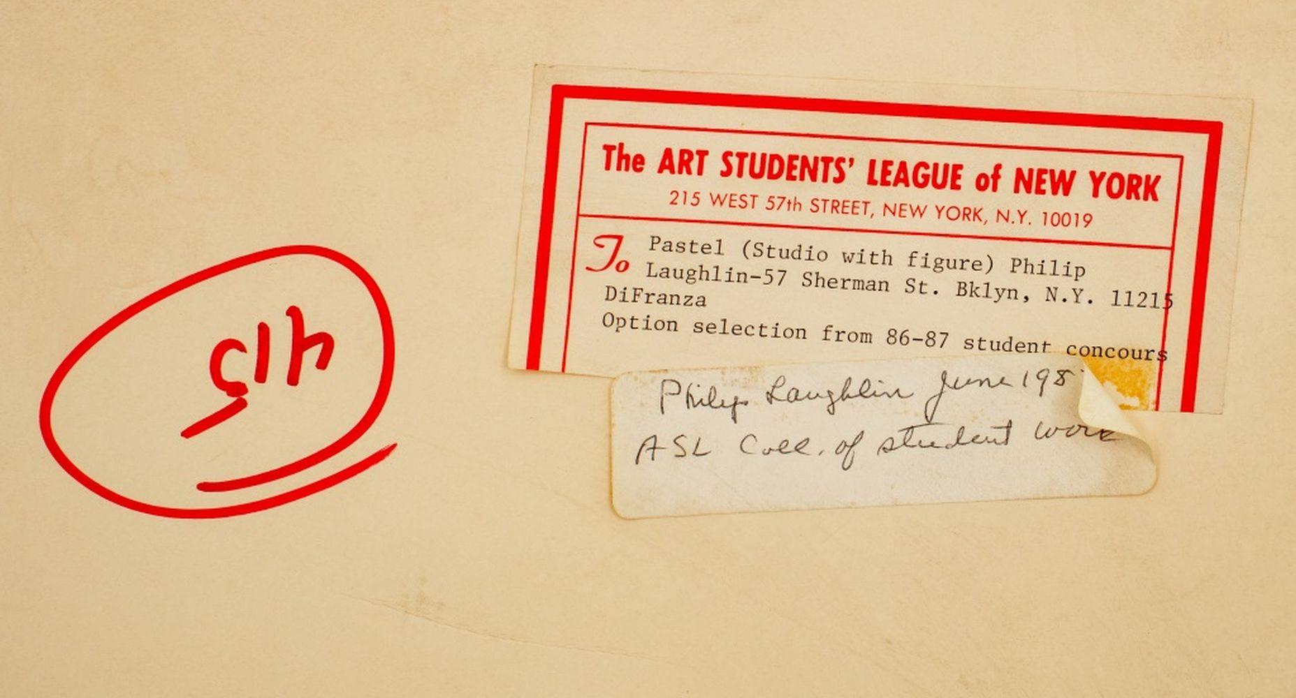 Philip Laughlin (americano, 1936-2024), Atelier A con figura nuda, pastello su tavola, 1986, firmato e datato in basso a sinistra, firmato e con etichetta della Art Students League of New York sul retro, cornice argentata. Immagine: 20