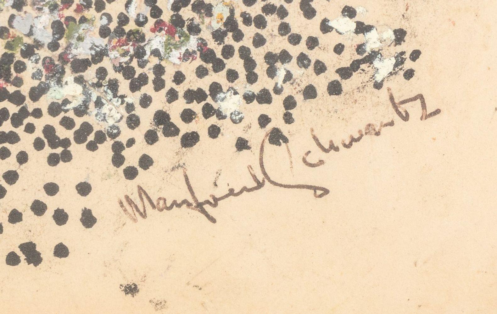 Manfred Schwartz (américain, né en Pologne, 1909-1970), Composition de pointillisme abstrait, Technique mixte sur papier, signée en bas à droite, M. Lowe & Co. Inc. au verso, cadre en laiton. Image : 8.5