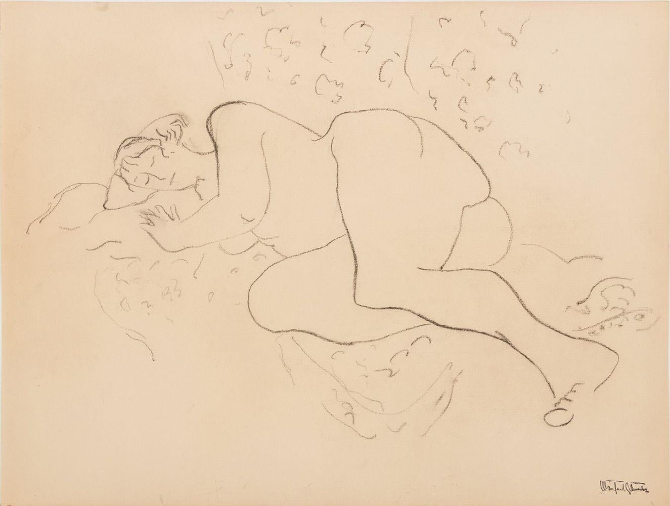 Manfred Schwartz (estadounidense, nacido en Polonia, 1909-1970), Desnudo femenino recostado, Carboncillo sobre papel, mujer descansando sobre una cortina estampada, con la firma del artista estampada abajo a la derecha, sin enmarcar. Alto 18