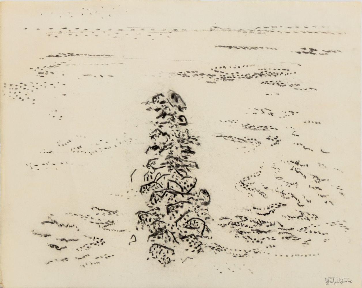 Manfred Schwartz (estadounidense, nacido en Polonia, 1909-1970), Paisaje marino de Rockwall, Carboncillo sobre papel, con la firma del artista estampada abajo a la derecha, sin enmarcar. 19