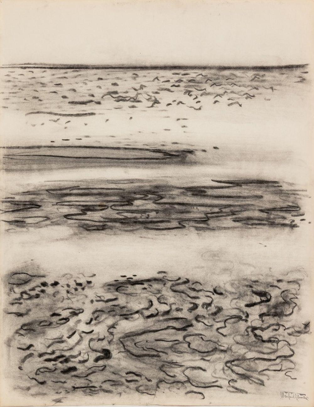 Manfred Schwartz (Américain, né en Pologne, 1909-1970), Beach Seascape, fusain sur papier, avec la signature de l'artiste en bas à droite, non encadré. 25.75