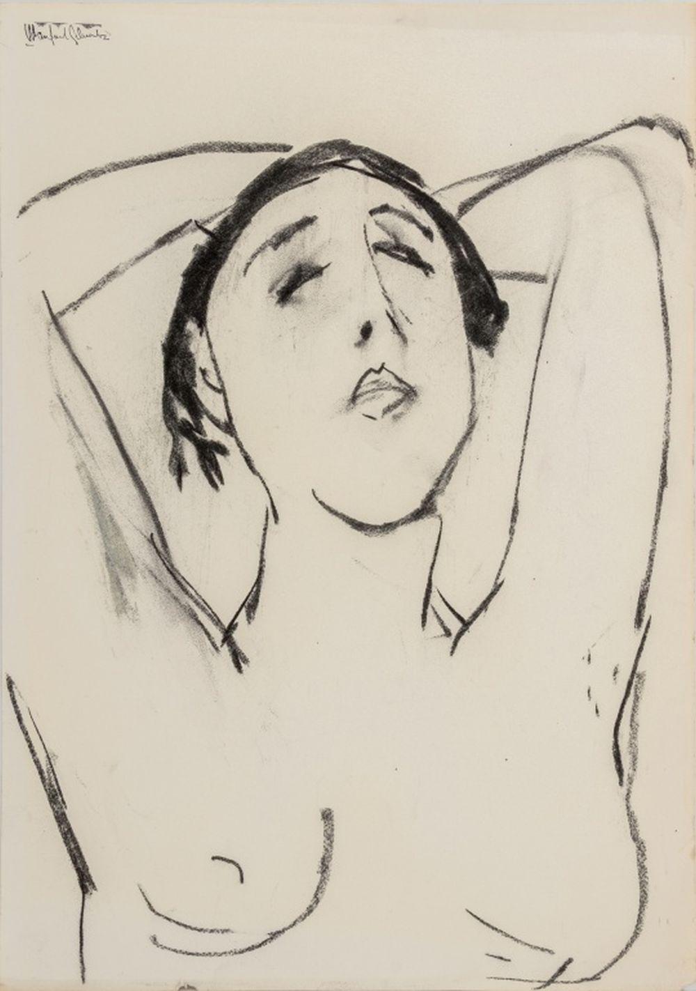 Manfred Schwartz (American, b. Poland, 1909-1970), Female Nude, Charcoal on Paper, woman with arms above head, with the artist's signature stamped upper left, unframed. 20