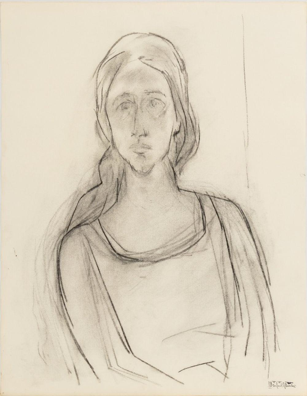 Manfred Schwartz (American, b. Poland, 1909-1970), Portrait of a Woman, Charcoal on Paper, with the artist's signature stamped lower right, unframed. 25.5