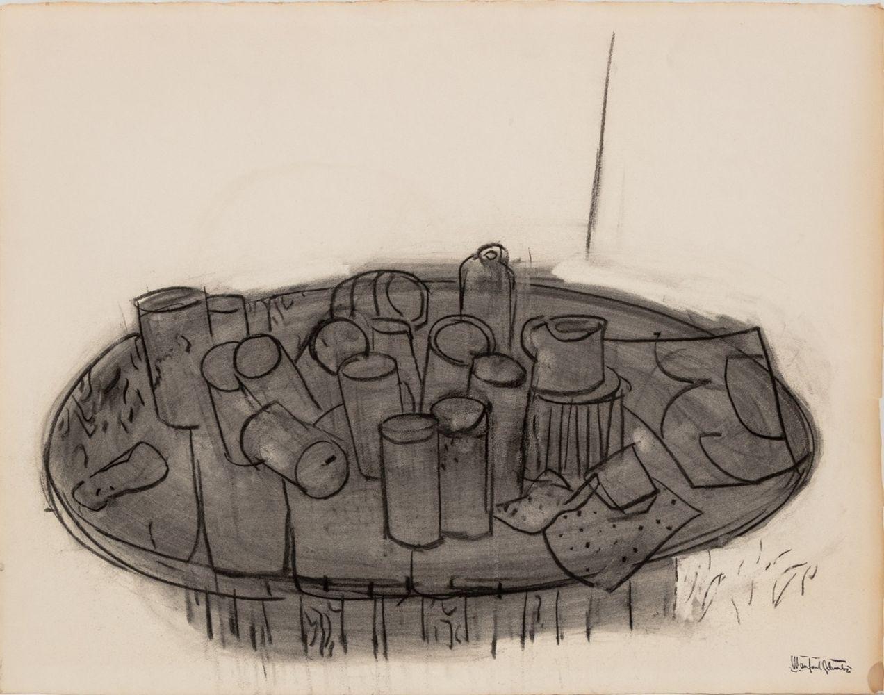 Manfred Schwartz (American, b. Poland, 1909-1970), Still Life of Bar Table, Charcoal on Paper, with the artist's signature stamped lower right, unframed. 20