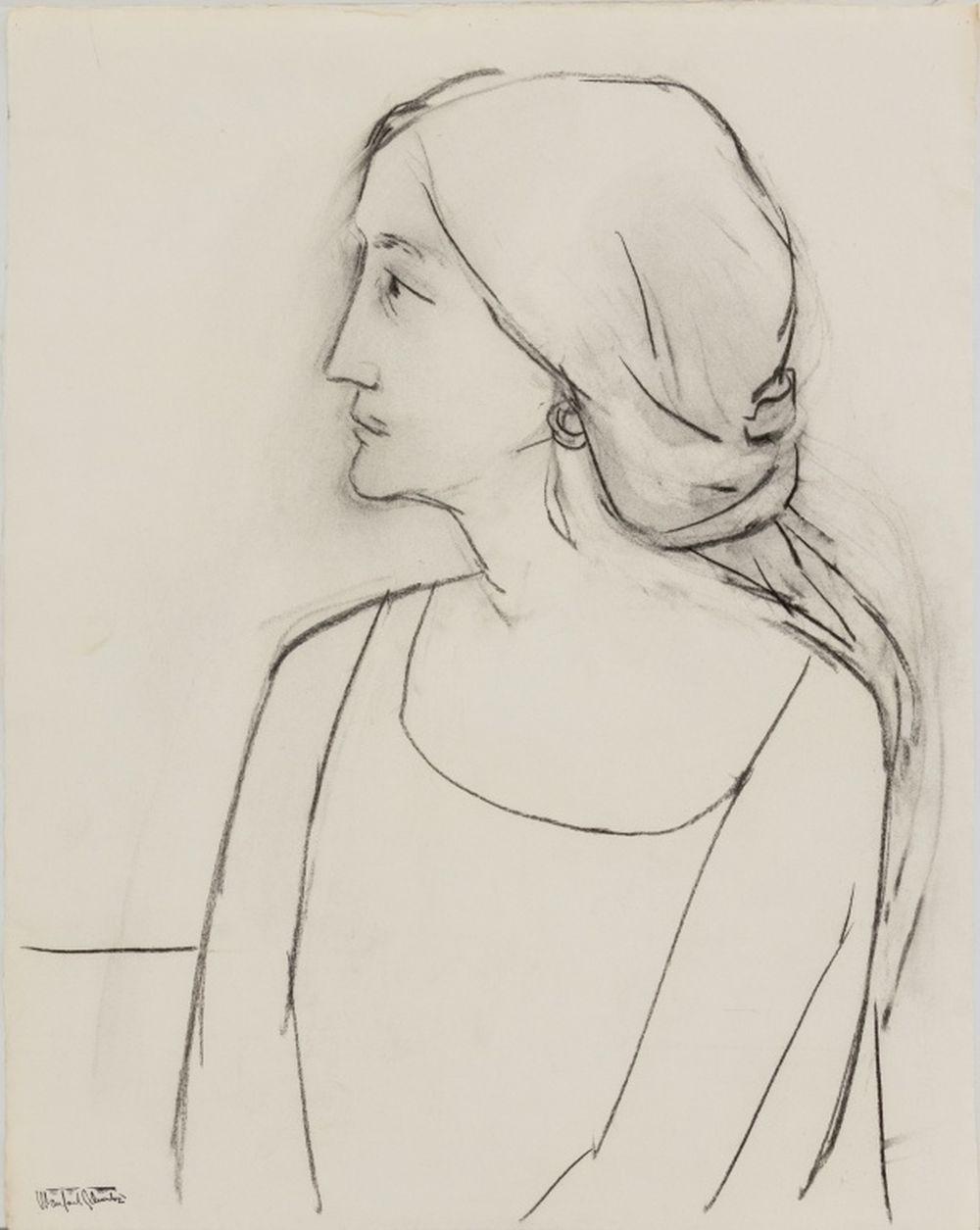 Manfred Schwartz (americano, nato in Polonia, 1909-1970), Ritratto di donna, carboncino su carta, con firma dell'artista impressa in basso a sinistra, senza cornice. 24