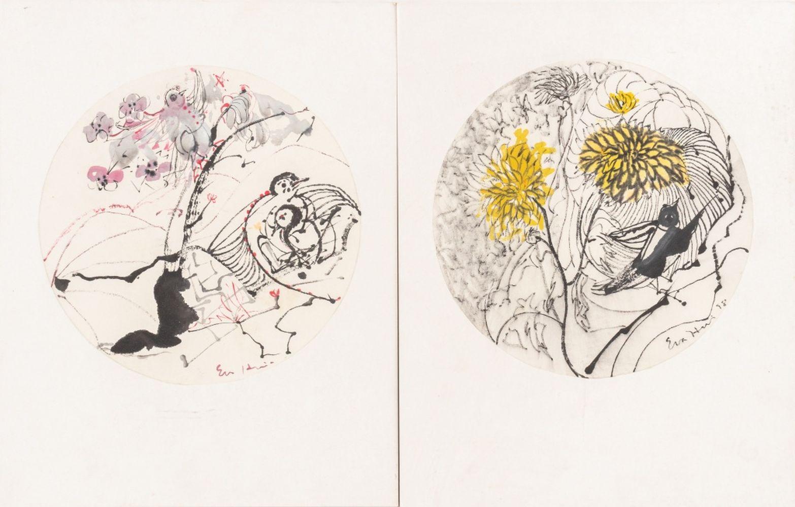Eva Bouzard-Hui (américaine, 1936-2023), Trois compositions abstraites, techniques mixtes sur papier, comprenant : deux oiseaux abstraits, techniques mixtes sur papier de riz, 1998, chacun signé en bas à droite et 