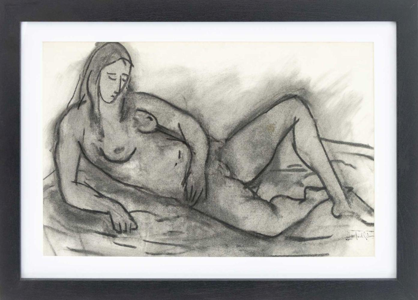 Nude Woman Study, Modern Charcoal Drawing, Mid-20th Century, Signed