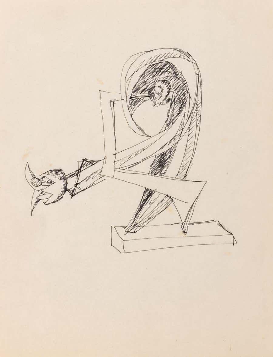Seymour Lipton Sculpture Study Sketch Ink on Paper