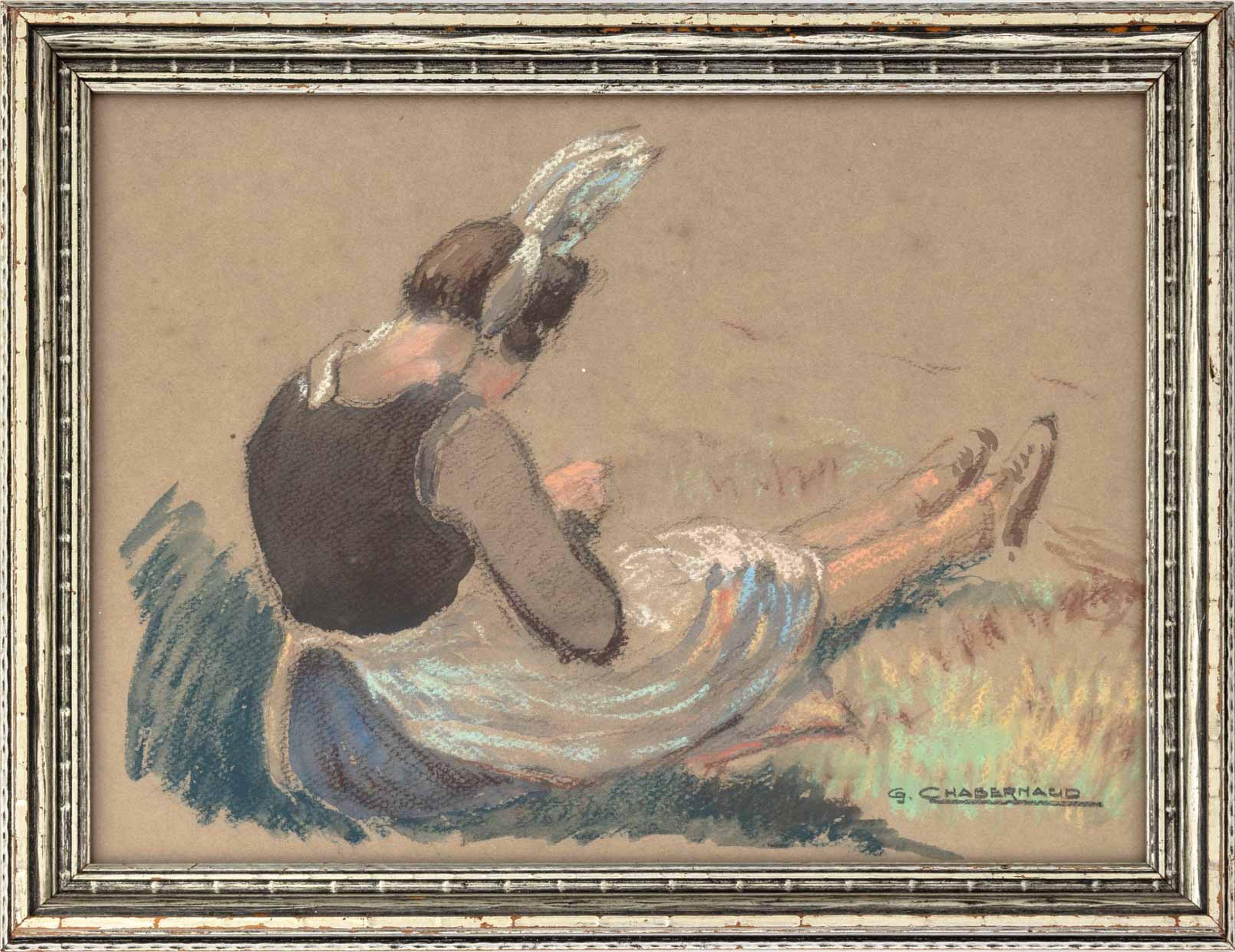 Figurative Art Gaston Chabernaud - Pastel et lavis d'une paysanne, œuvre d'un impressionniste français