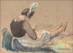 Gaston Chabernaud "Peasant Girl" Pastel & Wash