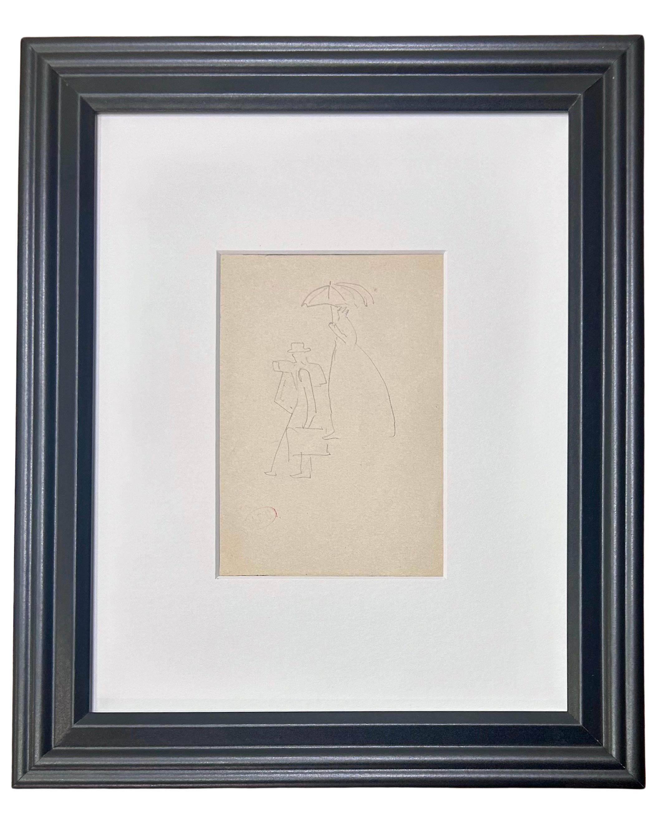Woman with an umbrella - Pencil on Paper Unique Drawing Post Impressionism, 1910
