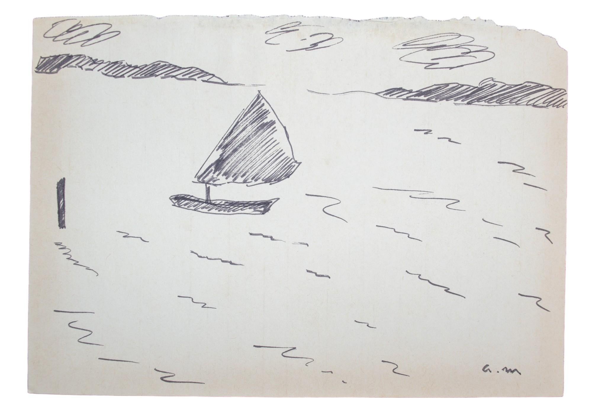 Boot in Tunesien - Zeichnung Tusche auf Papier Einzigartig postimpressionistisch, 1920