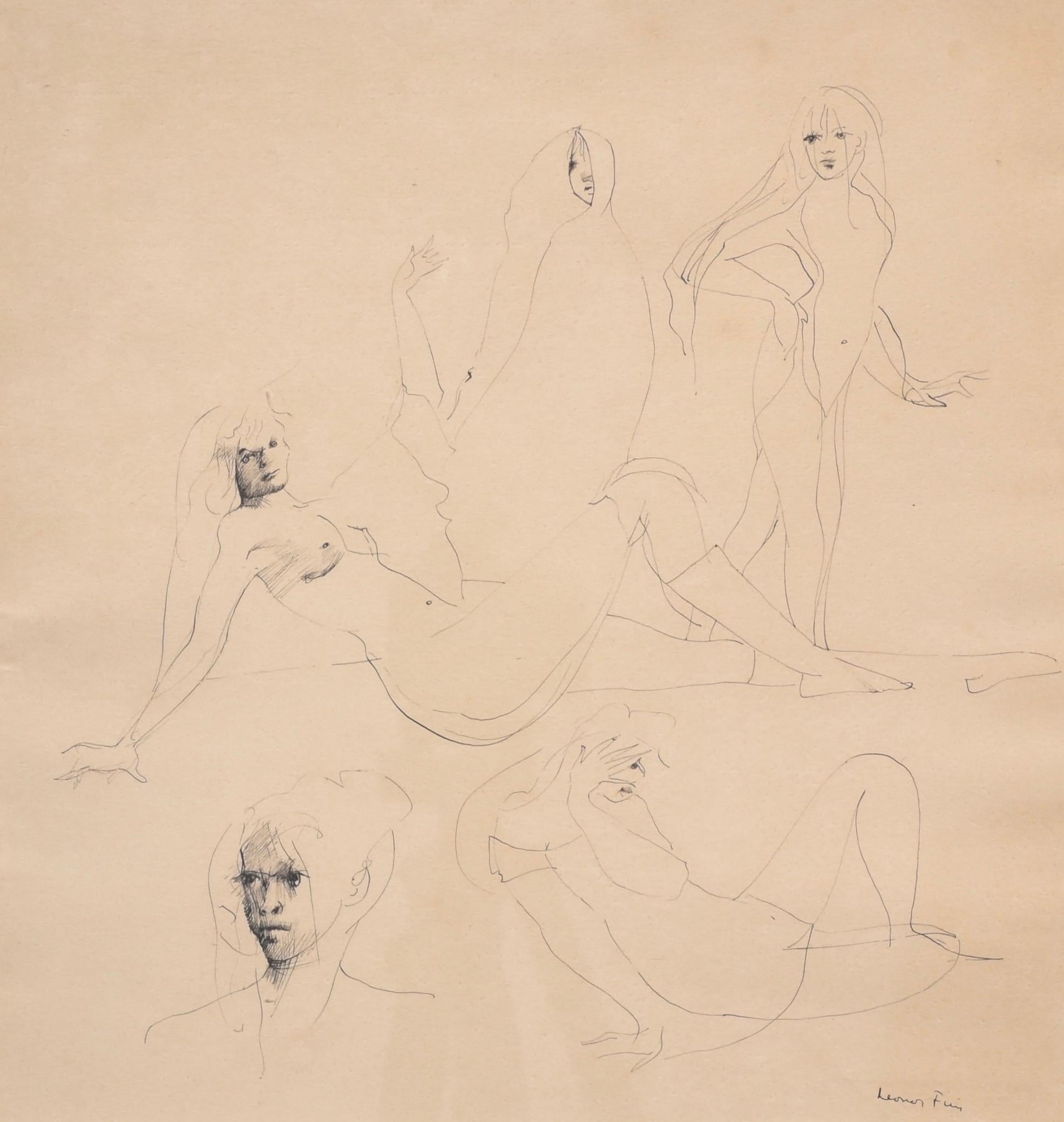 Donne nude - Inchiostro su carta Disegno unico firmato Donna pittrice surrealista, 1965