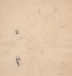 Donne nude - Inchiostro su carta Disegno unico firmato Donna pittrice surrealista, 1965