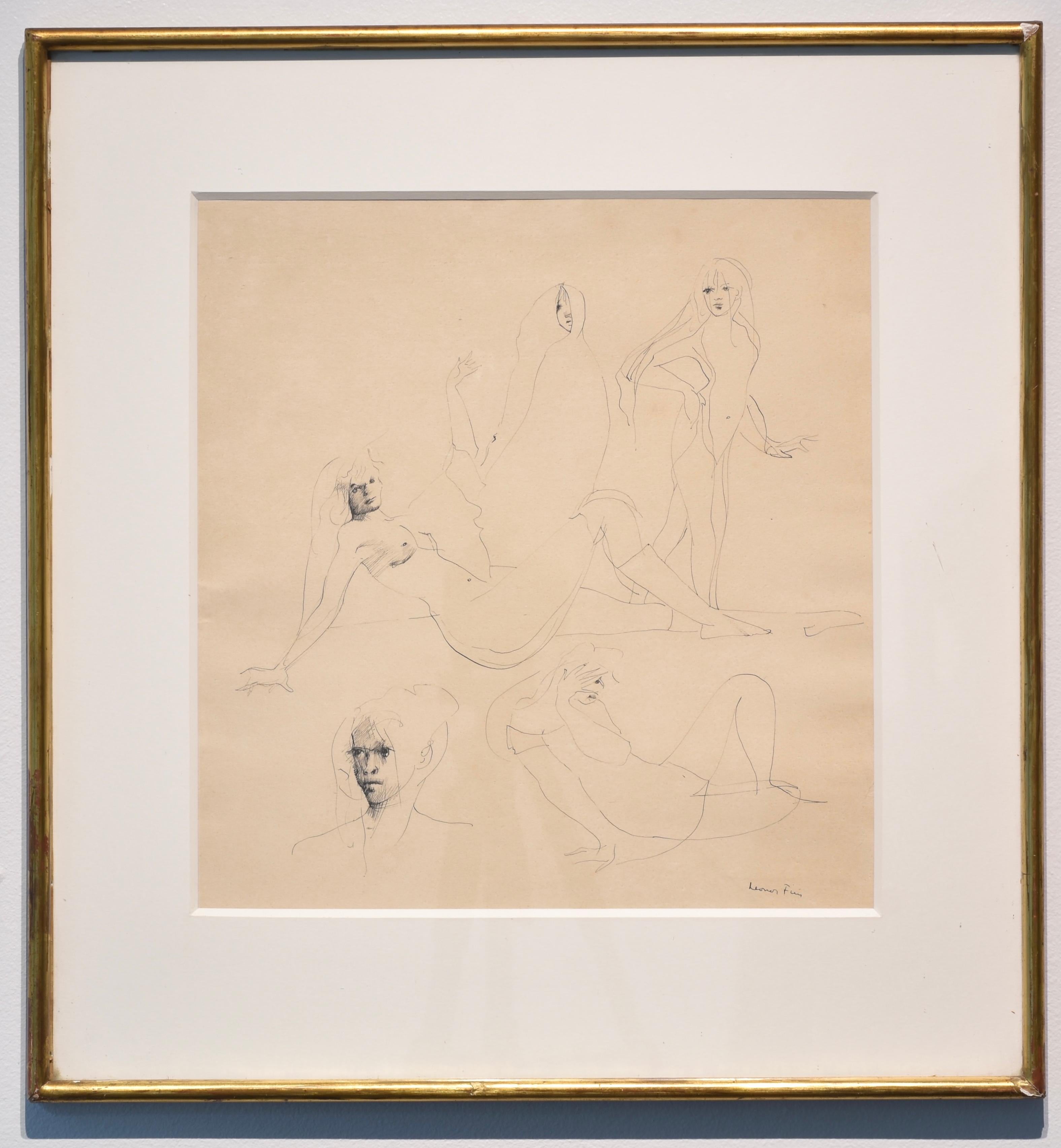Nude Frauen – Tinte auf Papier, einzigartige signierte Zeichnung, surrealistische weibliche Malerei, 1965 – Art von Leonor Fini