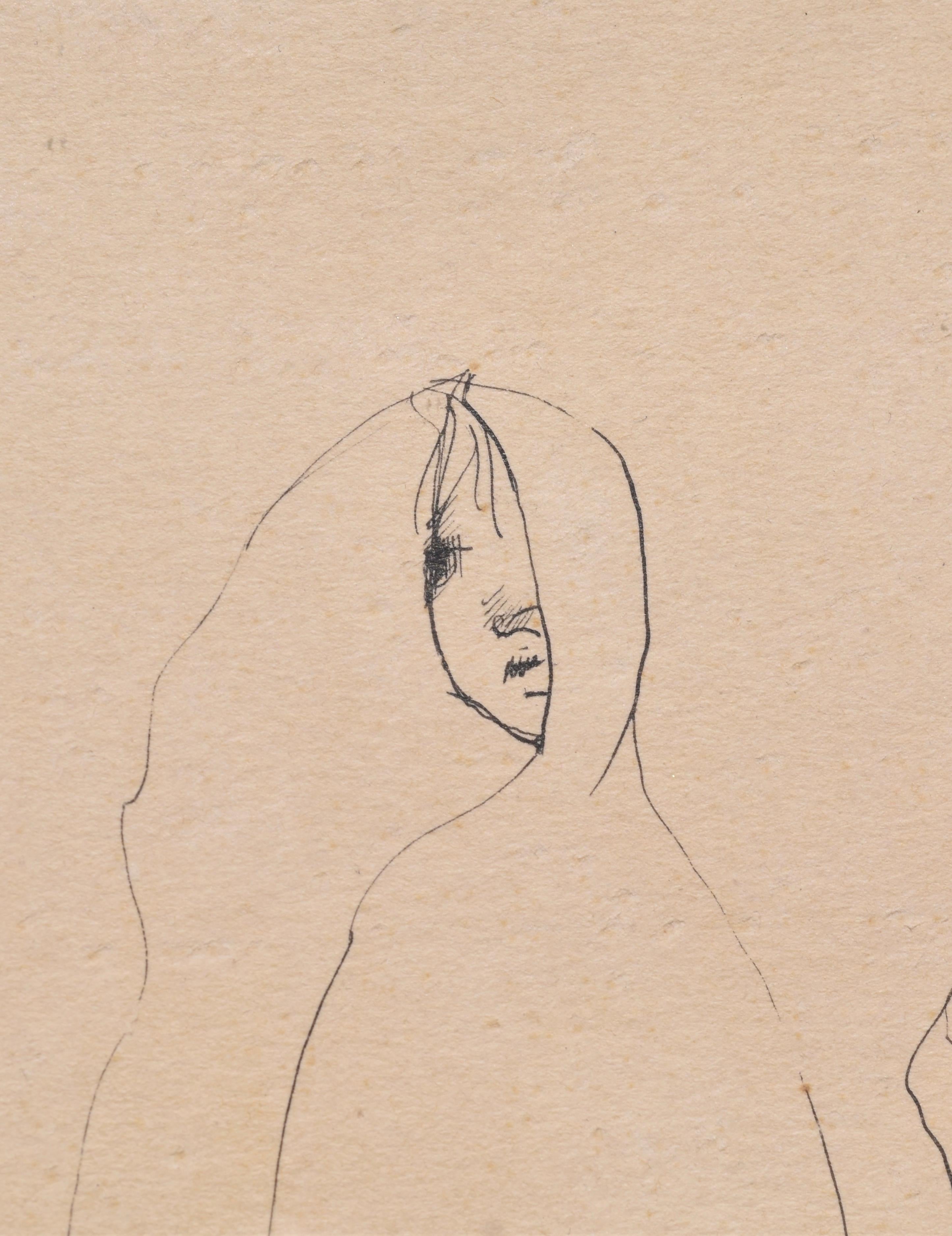 Nude Frauen – Tinte auf Papier, einzigartige signierte Zeichnung, surrealistische weibliche Malerei, 1965 (Grau), Figurative Art, von Leonor Fini