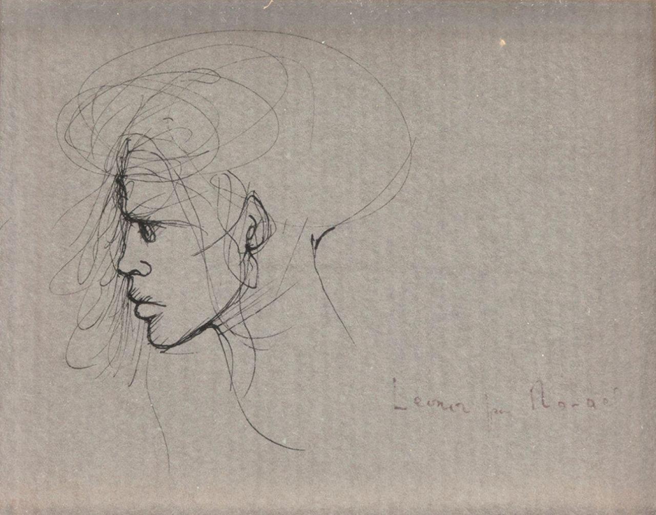 Volto - Inchiostro su carta Disegno unico firmato Donna pittrice surrealista, 1960 ca. - Art di Leonor Fini