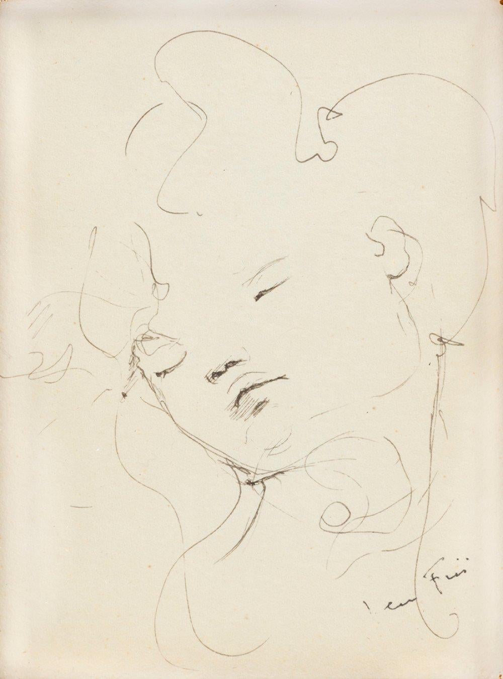 Face III – Tinte auf Papier, einzigartige signierte Zeichnung, surrealistische Frau, Gemälde, um 1960 – Art von Leonor Fini