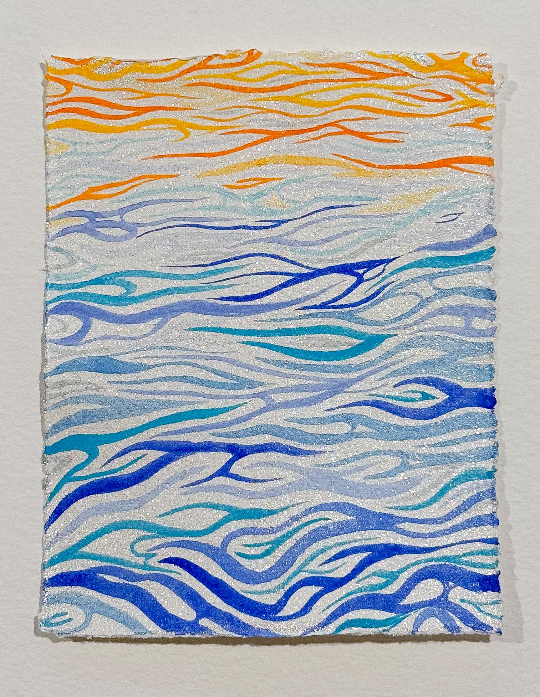 Abstract Drawing Axel Getz - Lever du soleil,  Petit dessin linéaire abstrait à l'aquarelle en bleu, orange, silver